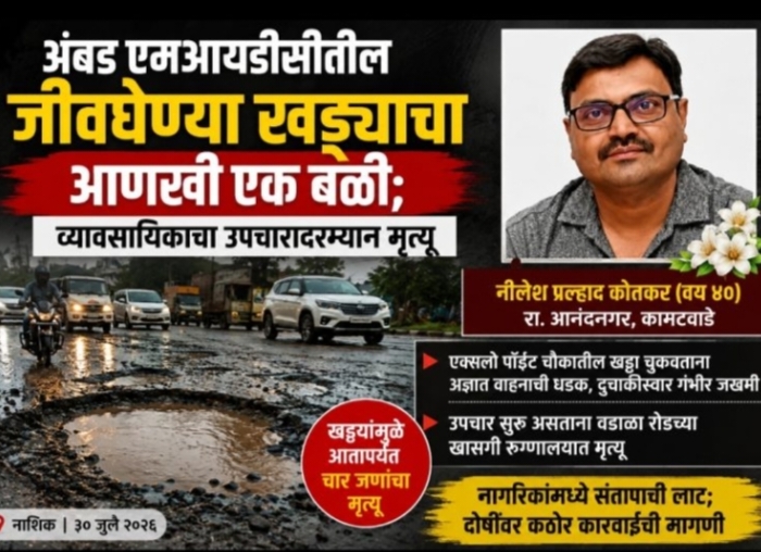 अंबड एमआयडीसीतील जीवघेण्या खड्ड्याचा आणखी एक बळी; व्यावसायिकाचा उपचारादरम्यान मृत्यू
